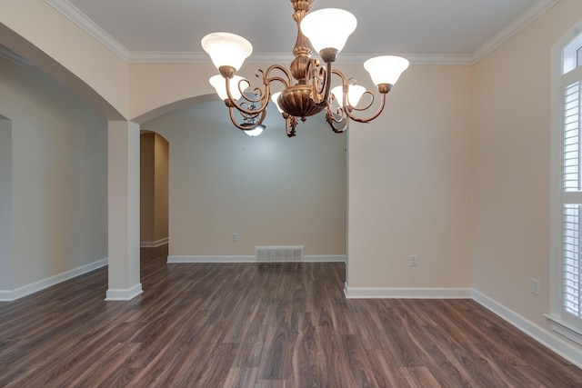 unfurnished dining area featuring arched walkways, a chandelier, visible vents, and dark wood-style floors