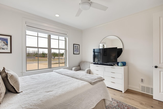 bedroom with recessed lighting, visible vents, ceiling fan, light wood-type flooring, and baseboards