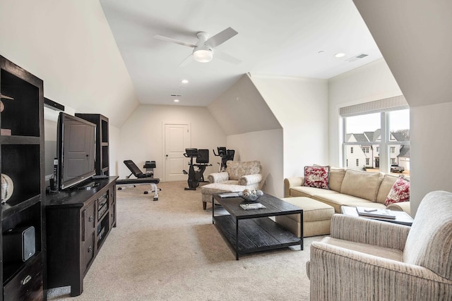 living room featuring visible vents, light colored carpet, ceiling fan, vaulted ceiling, and recessed lighting