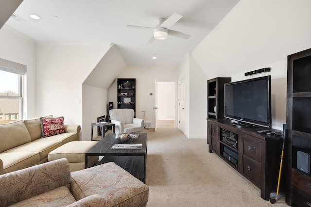 living room featuring visible vents, baseboards, light colored carpet, ceiling fan, and recessed lighting