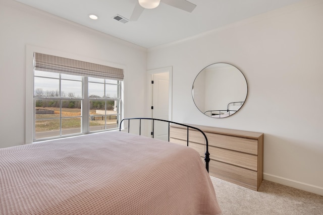 unfurnished bedroom with recessed lighting, visible vents, ornamental molding, carpet flooring, and baseboards