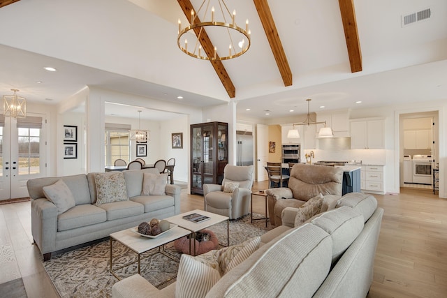 living room with high vaulted ceiling, visible vents, light wood-style floors, french doors, and beamed ceiling