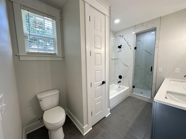 bathroom with double vanity, a marble finish shower, baseboards, toilet, and a bathing tub