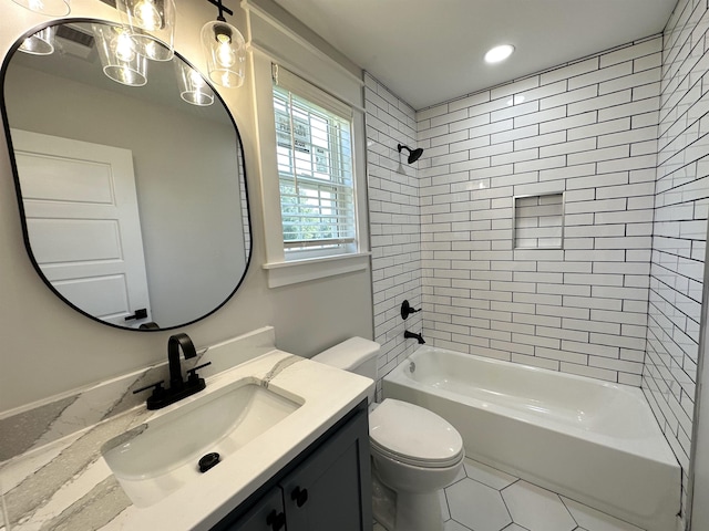 full bathroom with shower / washtub combination, vanity, toilet, and recessed lighting