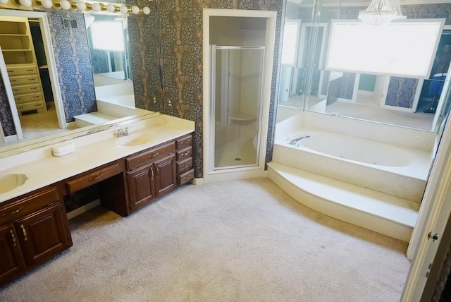 full bath featuring a bath, carpet, a sink, and a shower stall