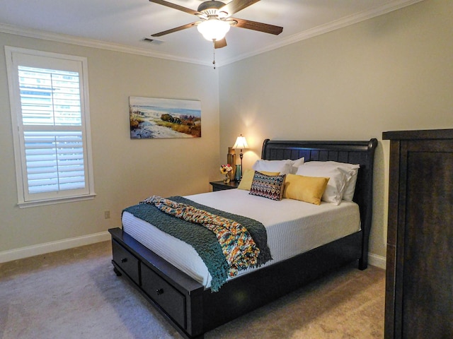 bedroom featuring light carpet, baseboards, visible vents, and ornamental molding