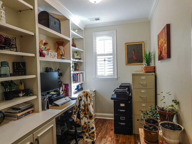 home office with baseboards, visible vents, ornamental molding, and dark wood-type flooring