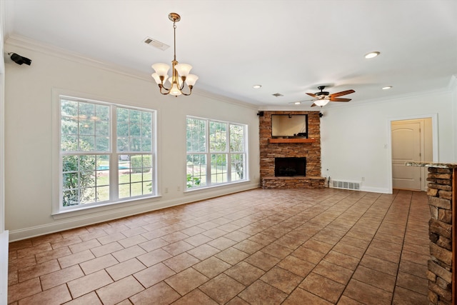 unfurnished living room with tile patterned floors, a fireplace, visible vents, and ornamental molding