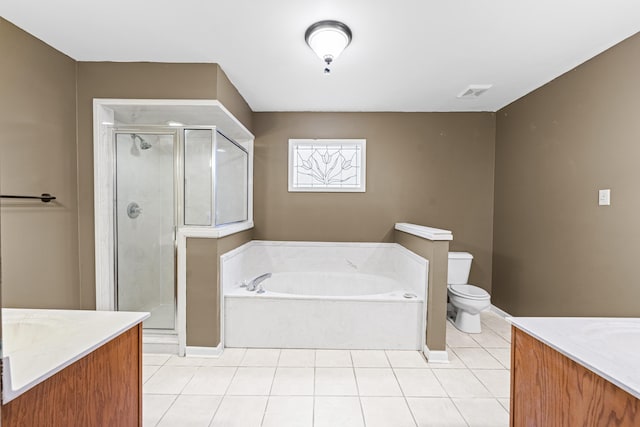 bathroom featuring a garden tub, visible vents, vanity, a shower stall, and tile patterned flooring