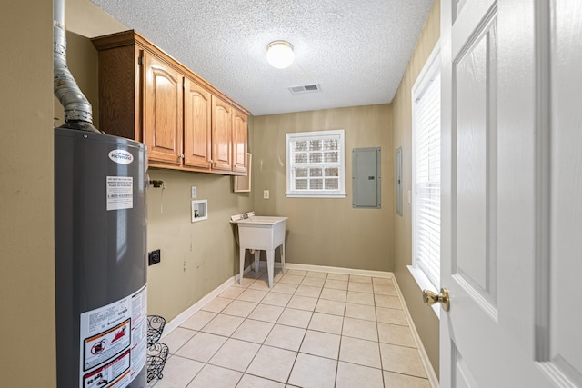 washroom featuring light tile patterned floors, electric panel, visible vents, water heater, and washer hookup