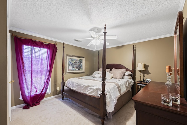 bedroom with visible vents, crown molding, and light carpet