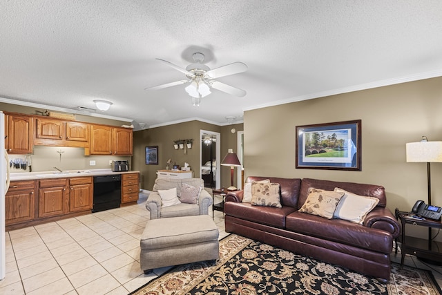 living area with ornamental molding, a ceiling fan, built in study area, light tile patterned flooring, and a textured ceiling