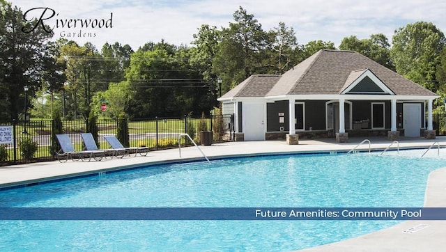 community pool with an outbuilding, fence, a storage structure, and a patio