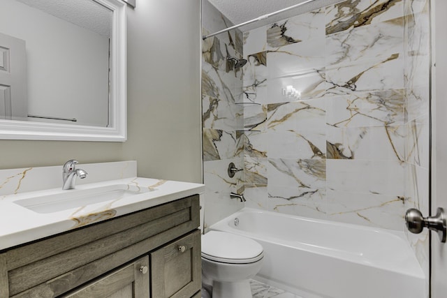 full bath featuring shower / bathtub combination, a textured ceiling, toilet, vanity, and marble finish floor