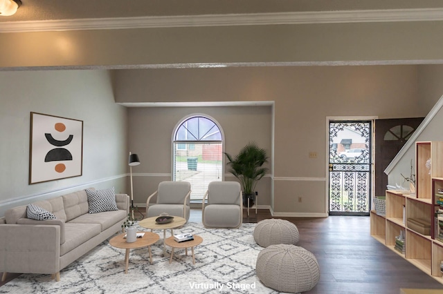 living area featuring baseboards, ornamental molding, and wood finished floors