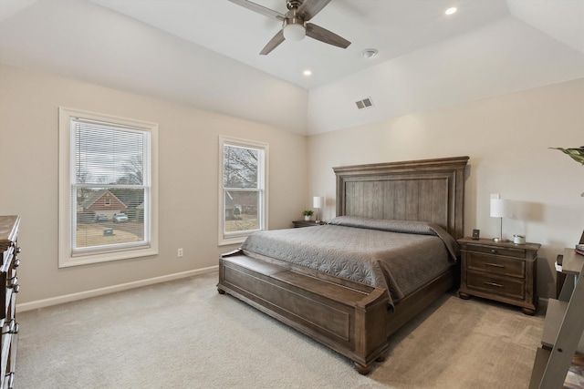 bedroom featuring lofted ceiling, recessed lighting, light colored carpet, visible vents, and baseboards