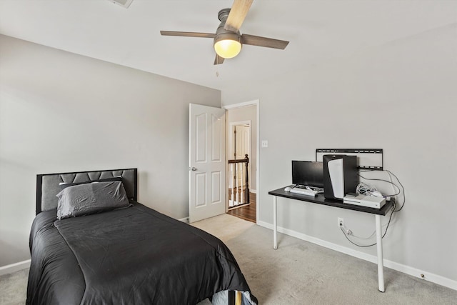 bedroom featuring carpet, ceiling fan, and baseboards