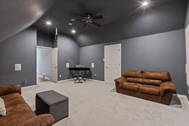 carpeted living room with lofted ceiling, baseboards, a ceiling fan, and recessed lighting