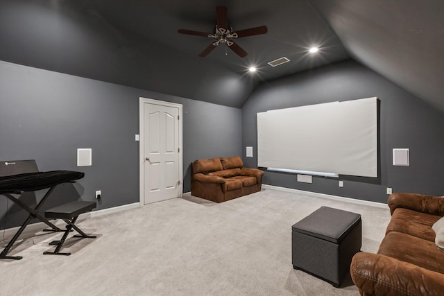 carpeted home theater featuring baseboards, visible vents, a ceiling fan, lofted ceiling, and recessed lighting