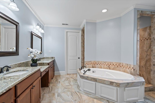 bathroom featuring visible vents, crown molding, vanity, and a bath