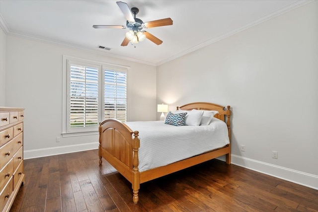 bedroom with baseboards, visible vents, dark wood-style floors, ceiling fan, and crown molding