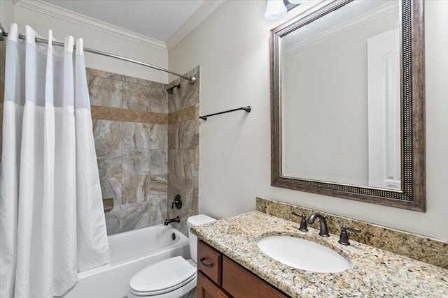 full bathroom featuring ornamental molding, shower / bath combo, vanity, and toilet