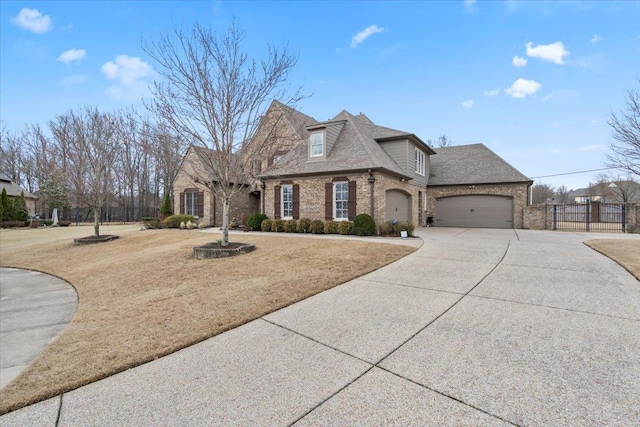 french country home with driveway, an attached garage, a gate, fence, and brick siding