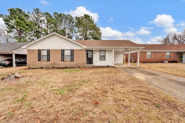 ranch-style house featuring concrete driveway, a front lawn, a carport, and brick siding