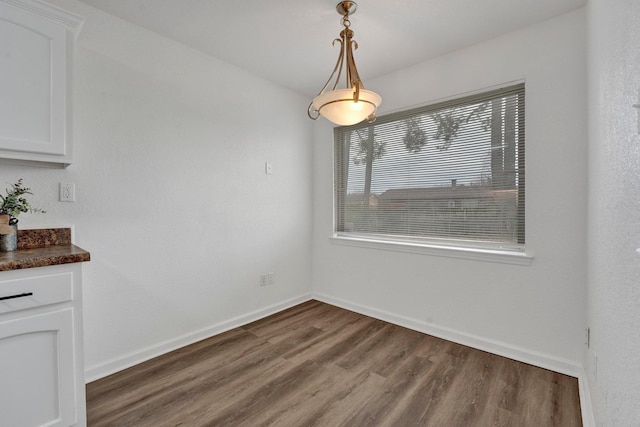 unfurnished dining area with baseboards and wood finished floors