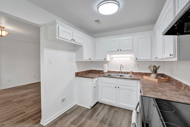 kitchen with under cabinet range hood, a sink, white cabinetry, visible vents, and electric stove