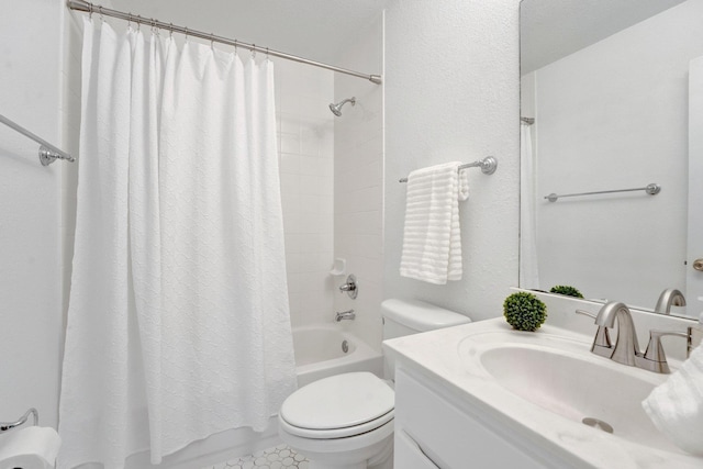 full bathroom with toilet, shower / bath combo, and vanity