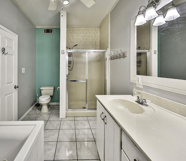 bathroom with toilet, a shower stall, visible vents, and tile patterned floors