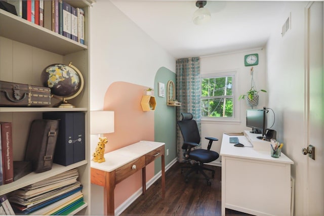 office area with dark wood-type flooring, visible vents, and baseboards