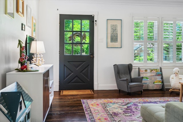 interior space featuring baseboards, dark wood finished floors, and ornamental molding