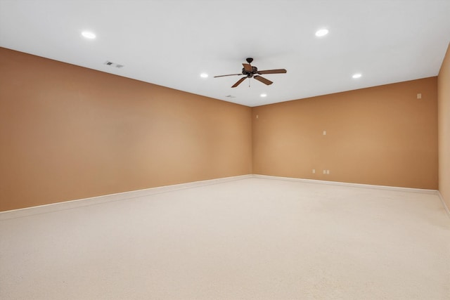 unfurnished room with visible vents, a ceiling fan, and recessed lighting