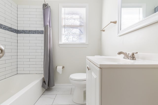 bathroom featuring marble finish floor, shower / bathtub combination with curtain, toilet, vanity, and baseboards