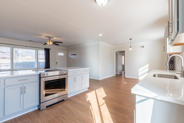 kitchen with light wood-type flooring, visible vents, a sink, and stainless steel range with electric cooktop