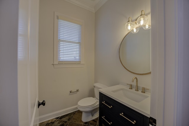 half bathroom featuring baseboards, toilet, ornamental molding, tile patterned flooring, and vanity