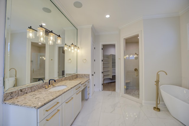 full bath with a walk in closet, marble finish floor, crown molding, and a shower stall