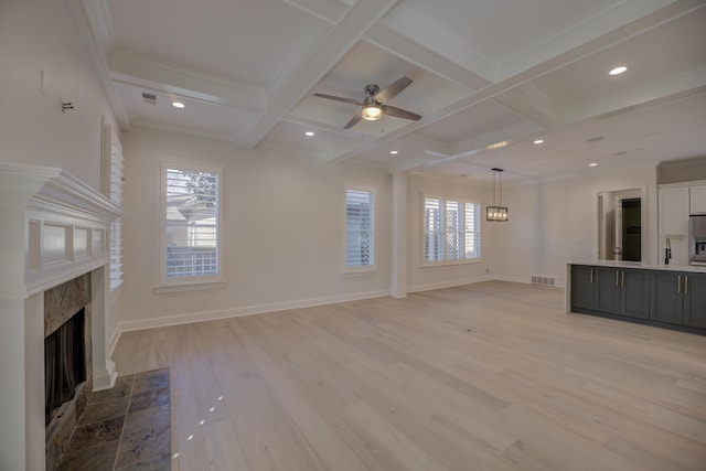 unfurnished living room featuring coffered ceiling, beam ceiling, visible vents, and baseboards