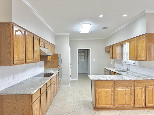 kitchen with stainless steel appliances, ornamental molding, a sink, a peninsula, and under cabinet range hood