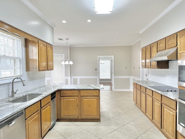 kitchen featuring crown molding, stainless steel appliances, a sink, a peninsula, and under cabinet range hood