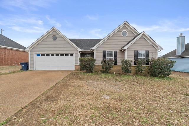 ranch-style home with driveway, a garage, and brick siding