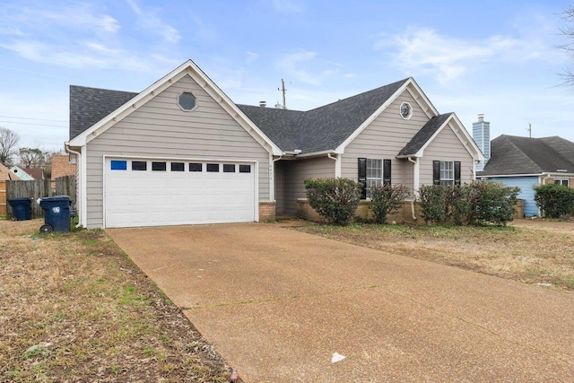 ranch-style house featuring brick siding, roof with shingles, concrete driveway, fence, and a garage