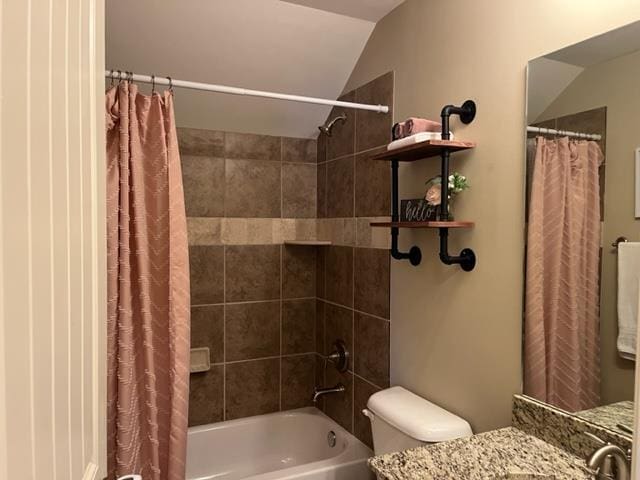 bathroom with toilet, shower / bathtub combination with curtain, vanity, and lofted ceiling