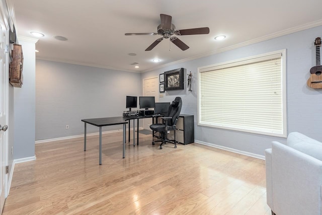 office area with light wood finished floors, recessed lighting, ornamental molding, ceiling fan, and baseboards