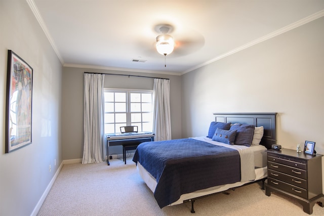 bedroom with baseboards, visible vents, ornamental molding, and light colored carpet