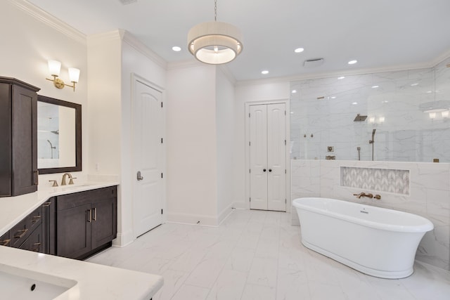 bathroom with marble finish floor, crown molding, recessed lighting, a soaking tub, and a walk in shower