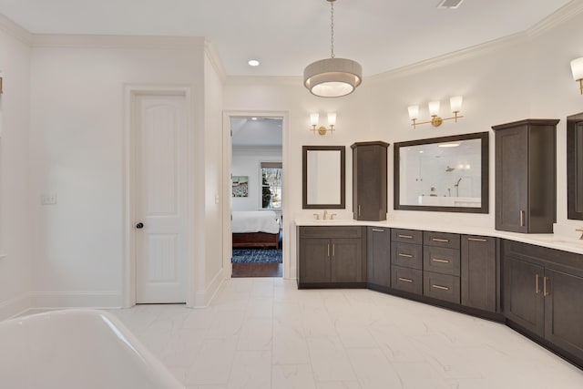 bathroom featuring a tub to relax in, marble finish floor, double vanity, and ornamental molding