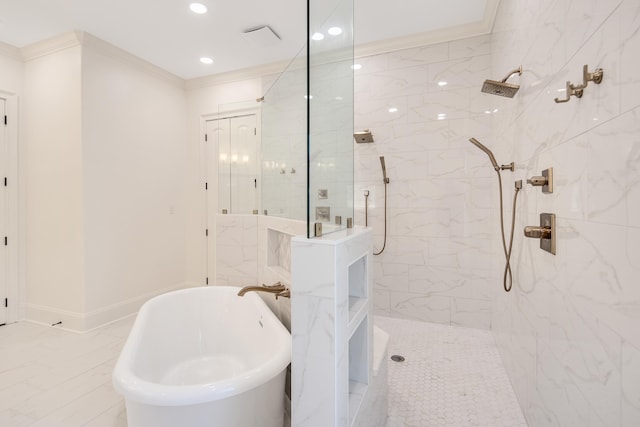 bathroom featuring ornamental molding, a freestanding tub, baseboards, and a walk in shower